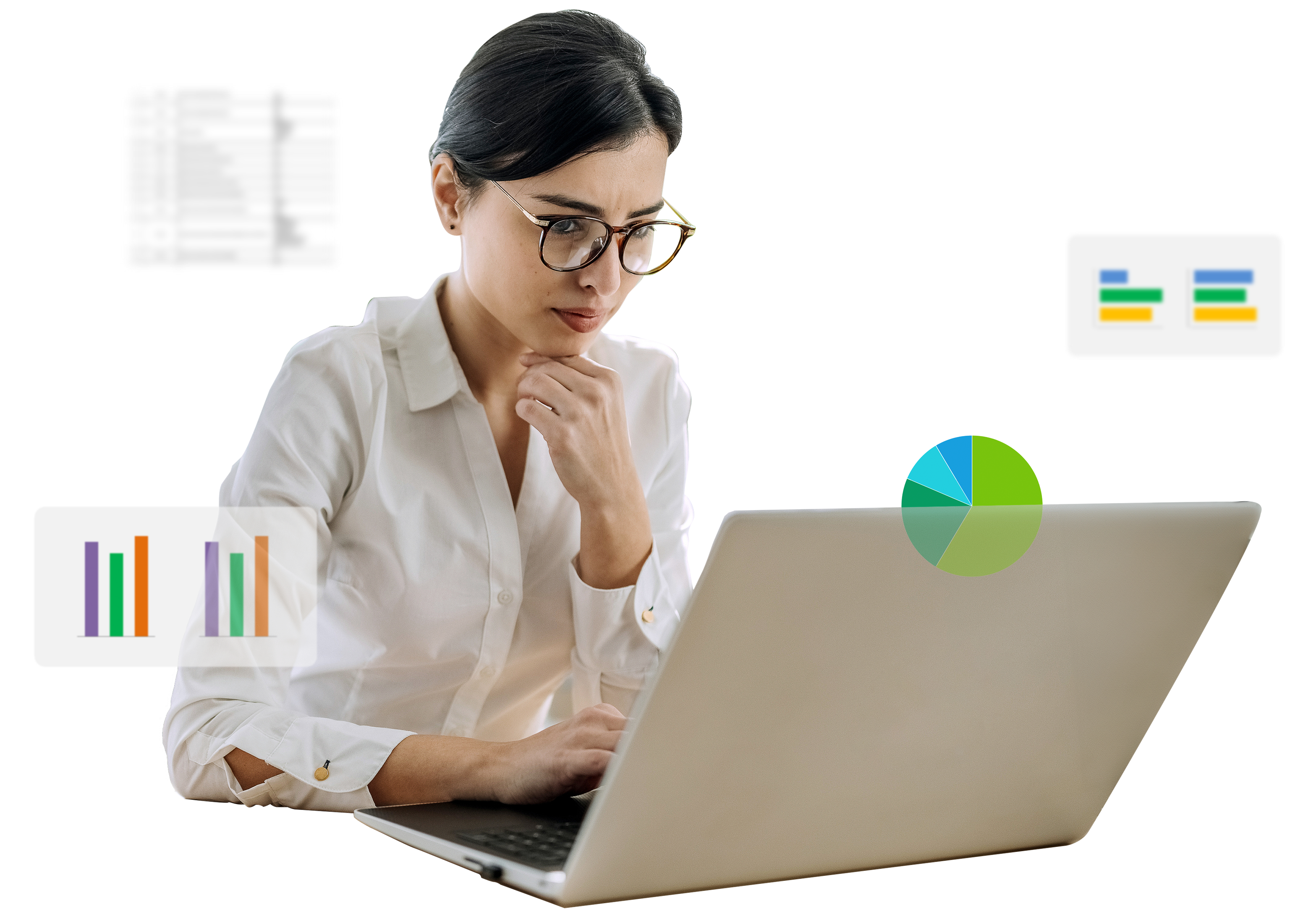 Woman staring closely at a laptop screen with pie charts and bar graphs hovering in the space surrounding her