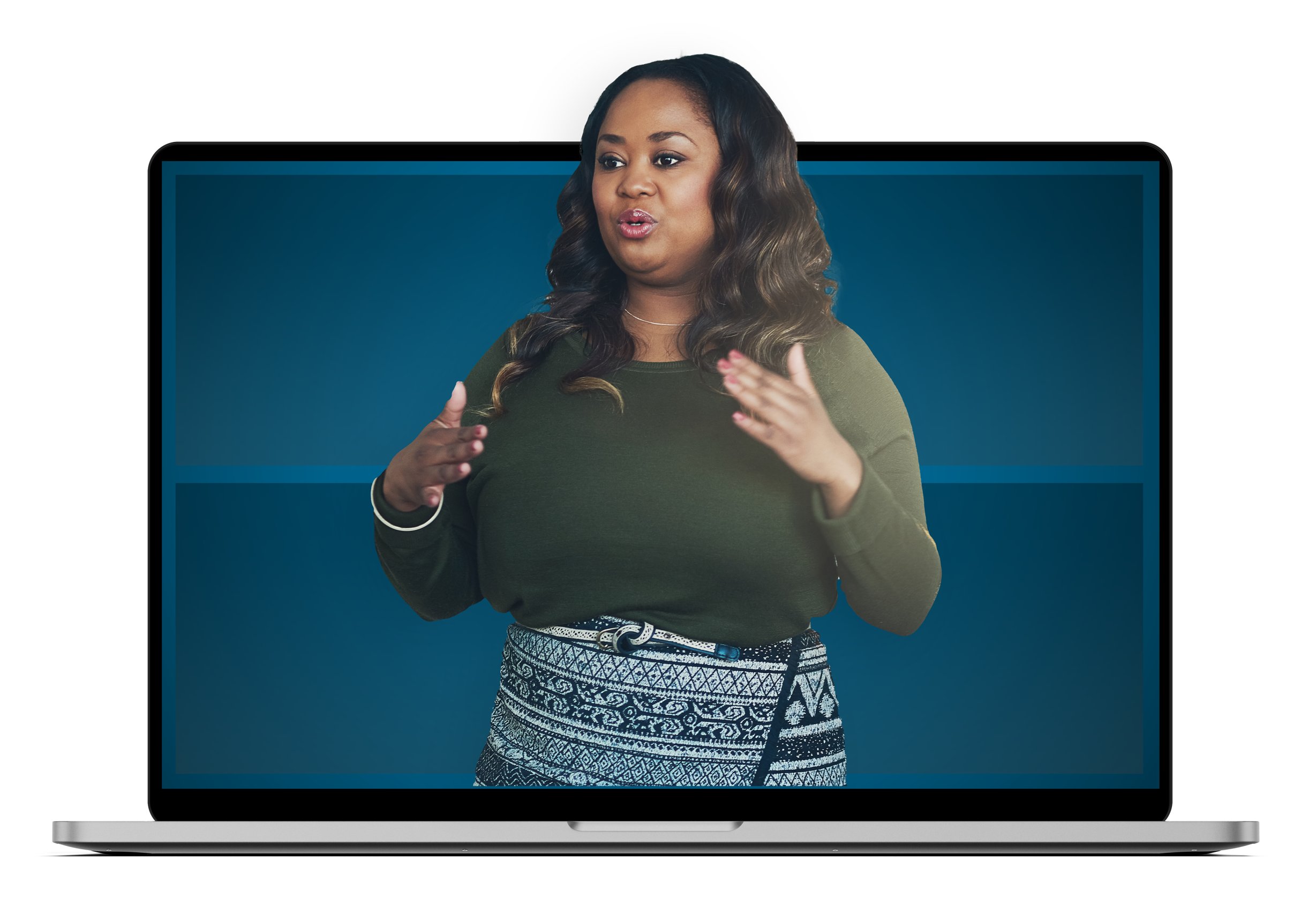 Woman presenting in front of a computer screen