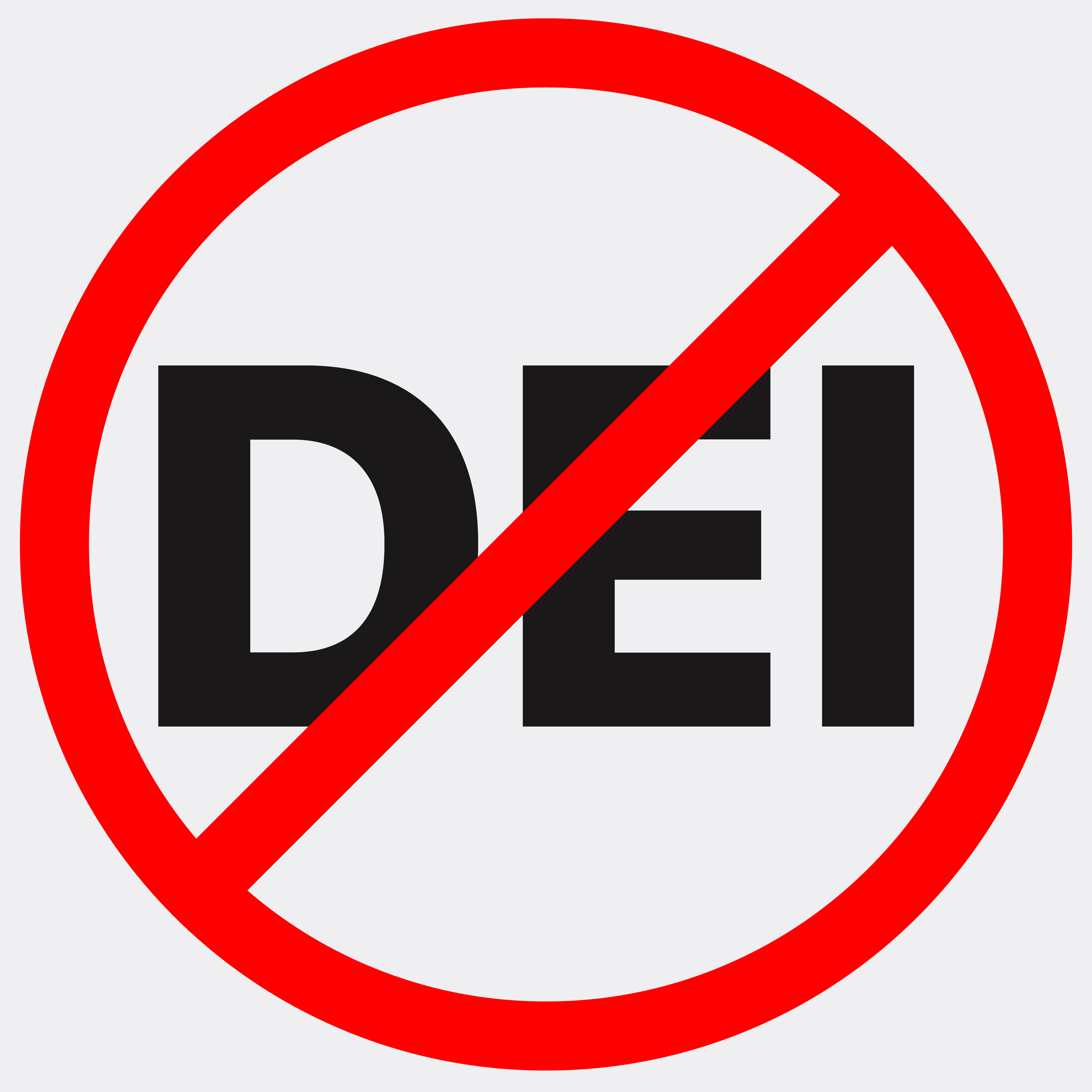 The letters DEI with the red "prohibited" sign crossing out the letters