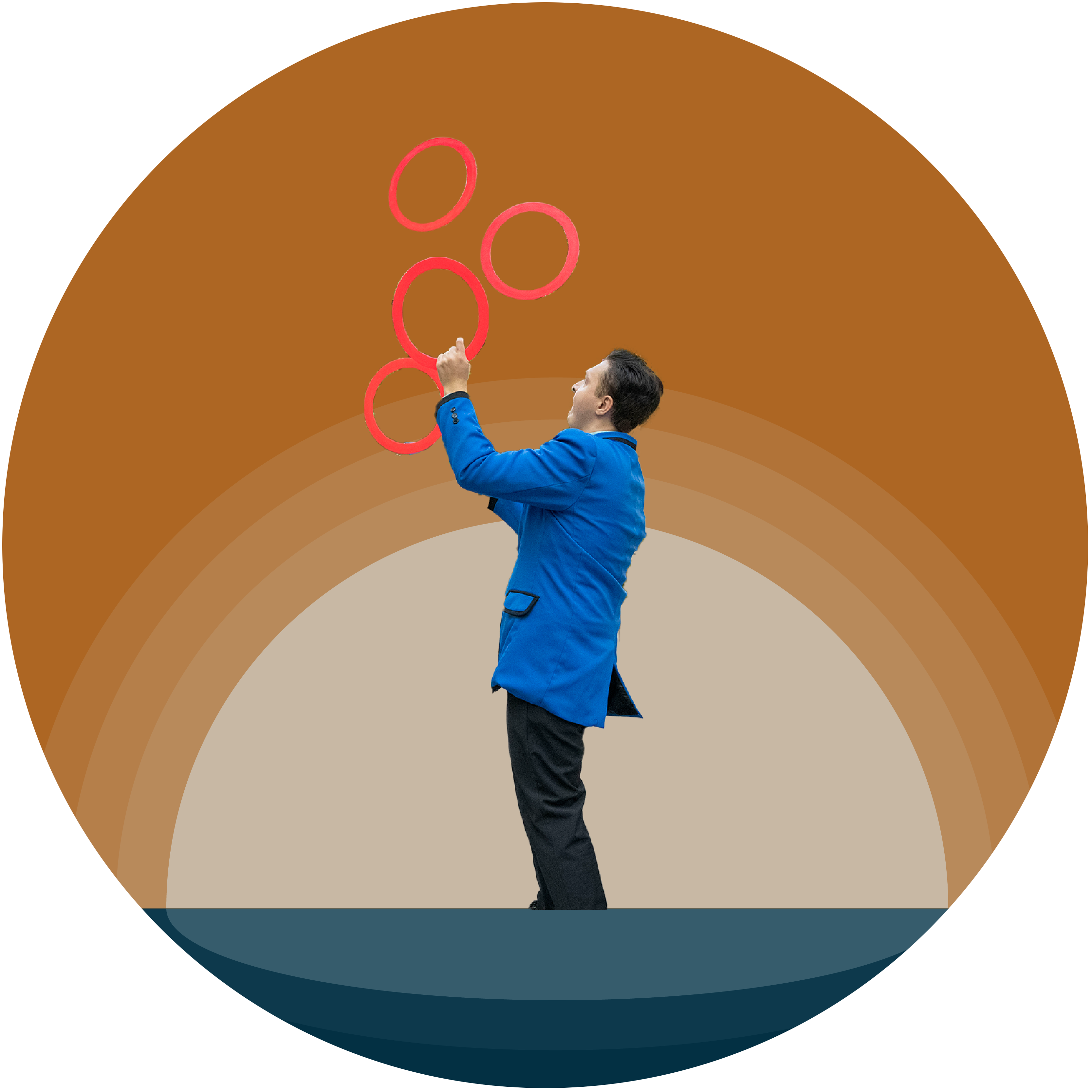 Man in a blue sport coat juggling four large red rings.