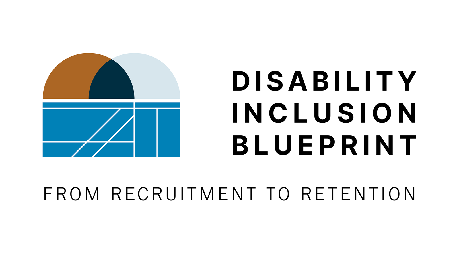 A stylized logo for the Disability Inclusion Blueprint featuring overlapping semi-circles in brown, dark blue, and light blue above a geometric grid design in shades of blue, with the words "Disability Inclusion Blueprint" in bold black text below. Beneath the logo and title, in all caps a tagline reads "from recruitment to retention"