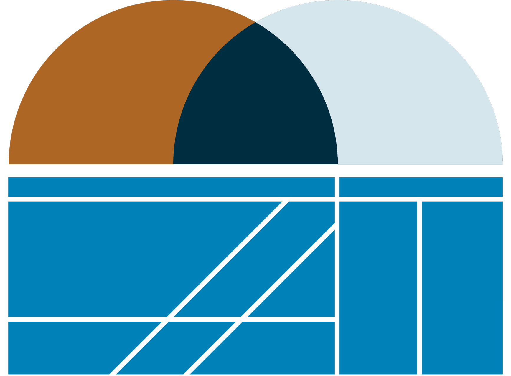 A stylized logo for the Disability Inclusion Blueprint featuring overlapping semi-circles in brown, dark blue, and light blue above a geometric grid design in shades of blue.