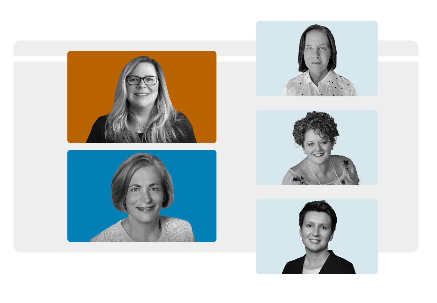 A graphic featuring headshots of 5 different webinar panelists cropped in different colored rectangles