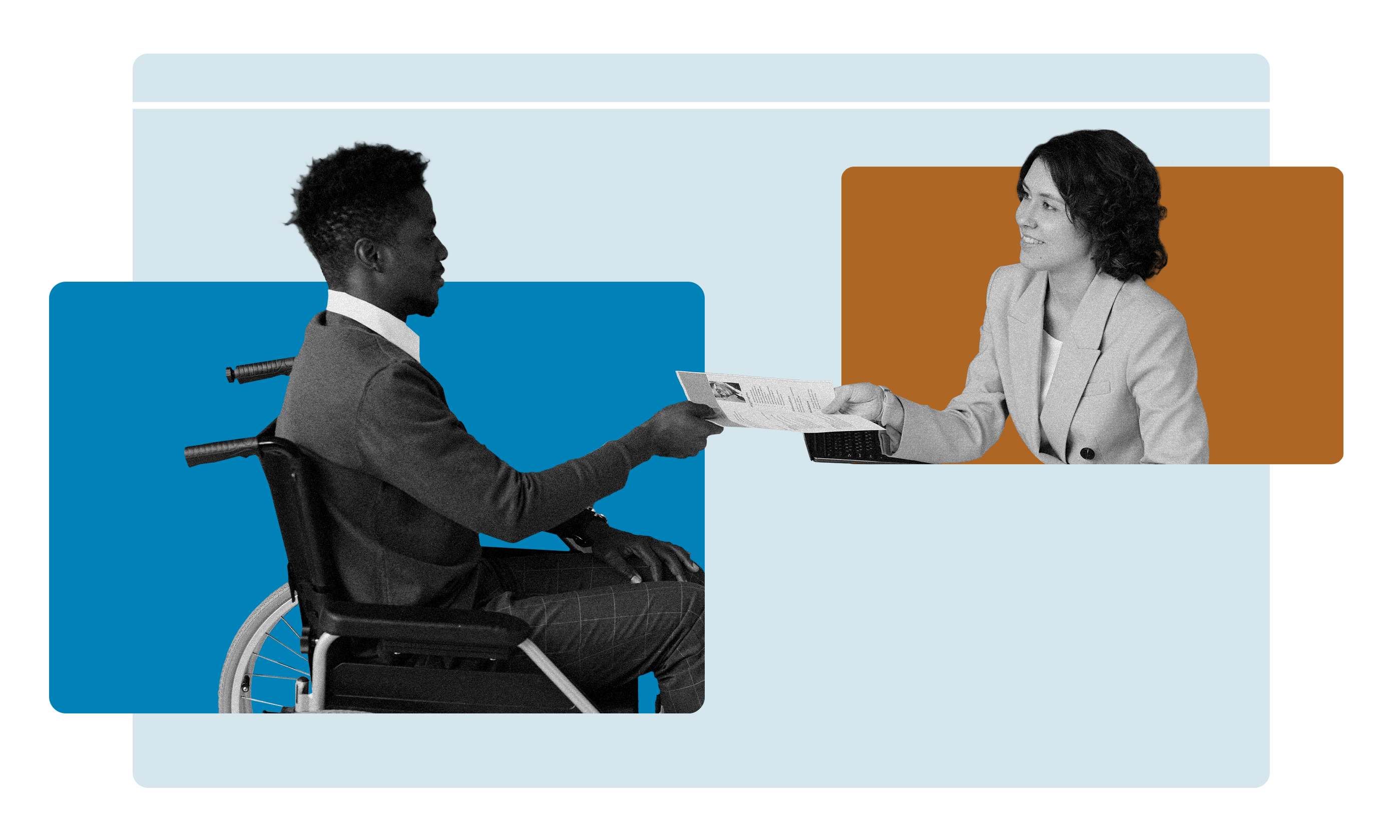 A graphic shows a black and white image of a Black man using a wheelchair handing a resume to a woman in a blazer, who is seated in front of a laptop. The image is designed with a modern, abstract background featuring blue and orange rectangles behind each person, giving a dynamic, virtual feel. The visual suggests a job interview or professional interaction, emphasizing disability inclusion in the workplace.