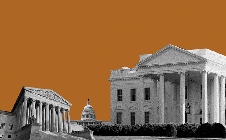Collage of American government buildings, including the Supreme Court and Capitol, set against an orange background, conveying a formal tone.