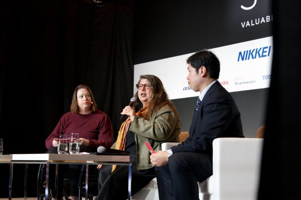 On stage at SYNC25 - Global Landscape of Disability Legislation: Using Legal Frameworks to Drive Change.(Right to left: Sarah Clements, Director of Engagement, Valuable 500; Angela Vigil, Pro Bono Partner & Executive Director of the Pro Bono Practice, Baker McKenzie; and Takeshi Yoshida, Partner, Baker McKenzie).