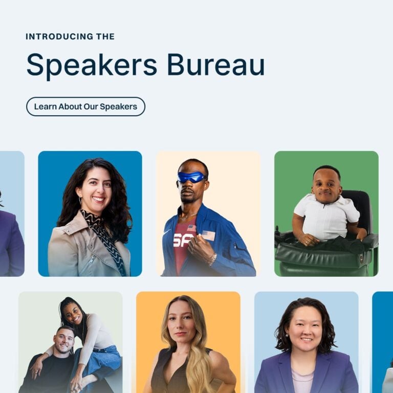 ID: Graphic reading “Introducing the Speakers Bureau” with a call-to-action button. Below, a grid of speaker headshots on colorful backgrounds. Names include Catarina Rivera, Lex Gillette, Cole & Charisma Sydnor, Sheila Xu, Winston Clements, and Keely Cat-Wells.