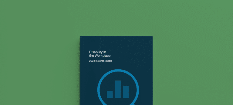 Cover of a report titled “Disability in the Workplace: 2024 Insights Report.” The design is minimalist with a dark teal background, white text, and a circular icon featuring a bar chart in the center. The report rests on a solid green surface.