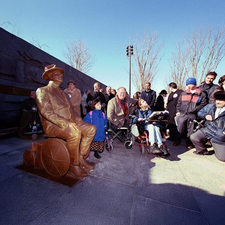 A statue of President Franklin D. Roosevelt in his wheelchair at his memorial in Washington, D.C.