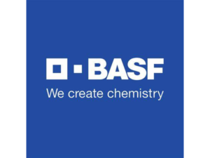 BASF with two squares preceding it. Underneath reads "We create chemistry"