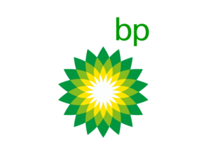 A two toned green, yellow, and white geometric shape with the letters BP above it