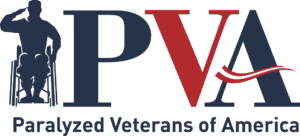 pva logo Logo for Paralyzed Veterans of America, stylized with a silhouette of a man in army uniform, sitting in a wheelchair saluting, followed by the letters PVA. The V is in red, standing out against the navy logo. The organization name is written in full below the vet and PVA lettering.