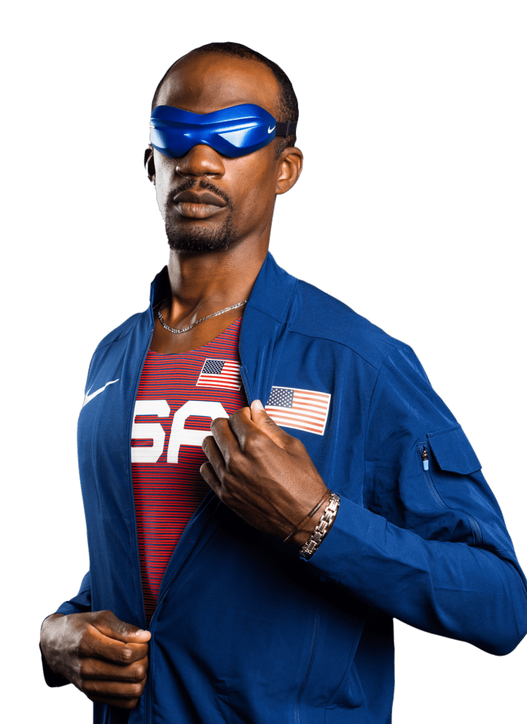 A photo of a Black man wearing USA branded Olympic gear posing. He wears blue sunglasses and a serious expression