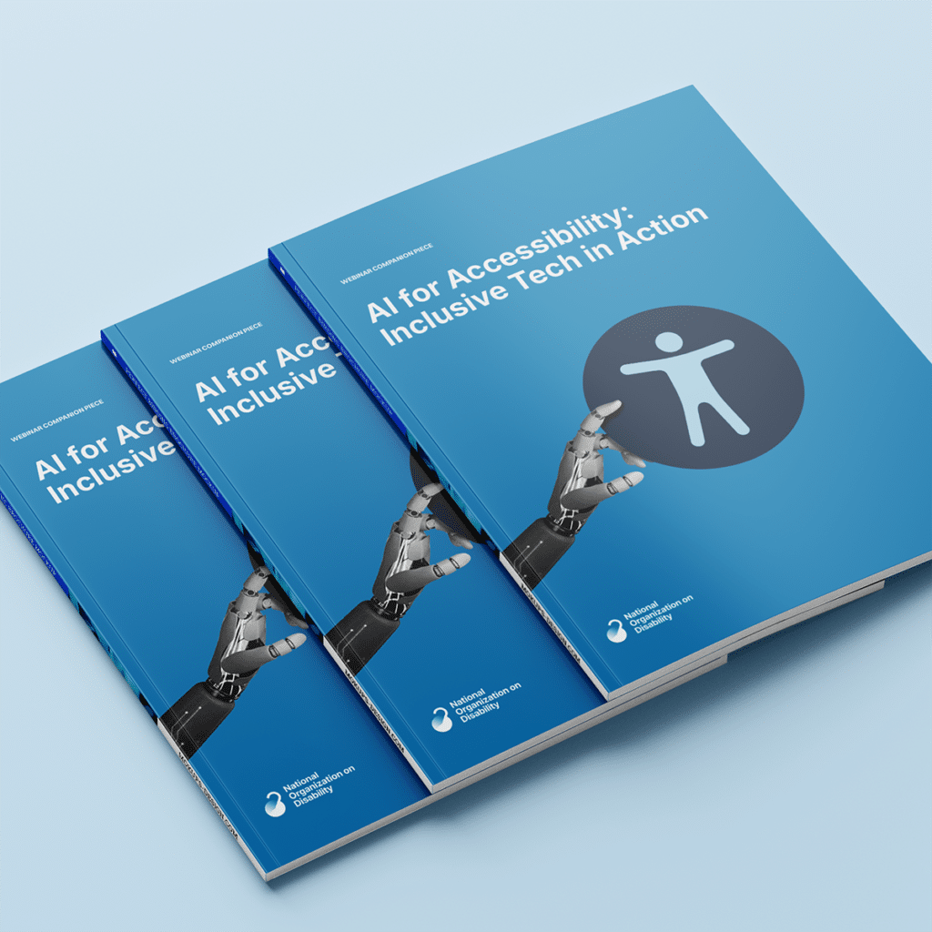 Visual mockup of three printed versions of the AI for Accessibility resource over a blue background.