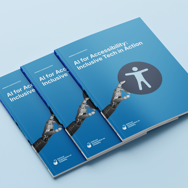 Visual mockup of three printed versions of the AI for Accessibility resource over a blue background.