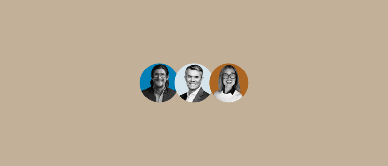 Three headshots cropped within circular image containers, slightly overlapping. The subjects are in black and white and the circles are blue, baby blue, and burnt Sienna.