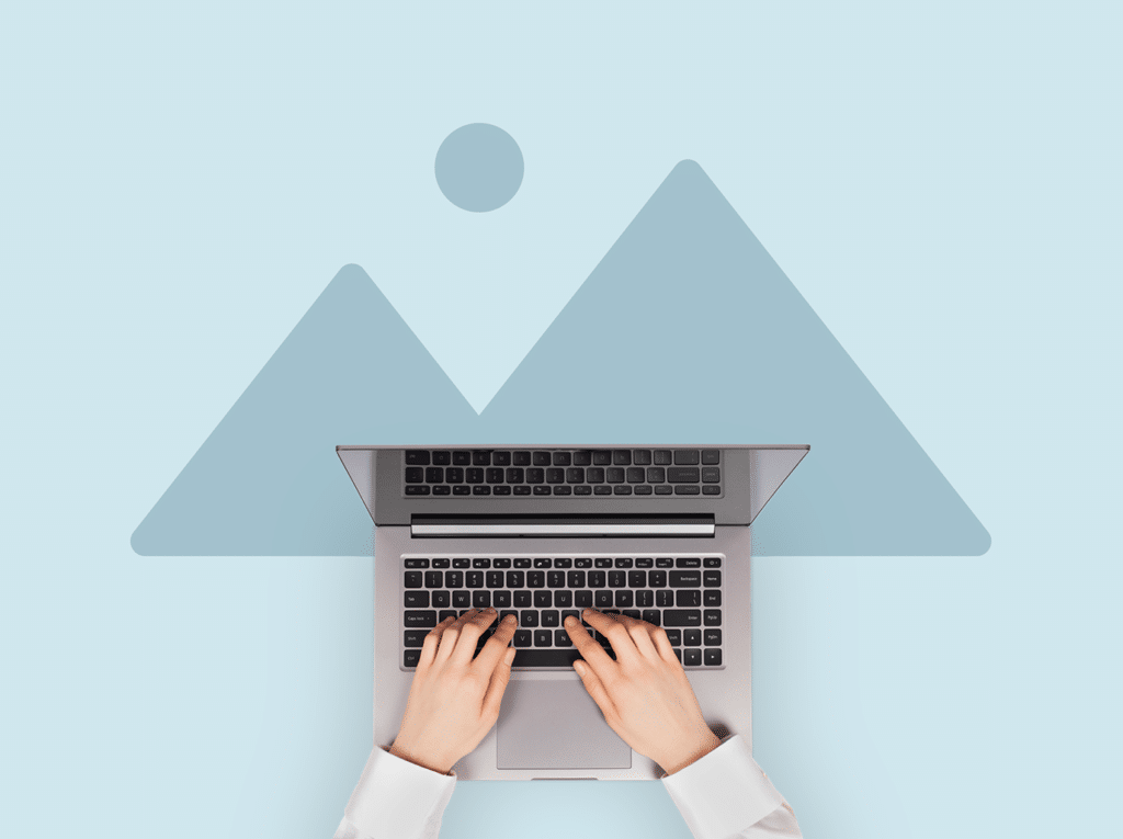 Top-down view of hands typing on a laptop keyboard, centered against a light blue background with simple abstract shapes.