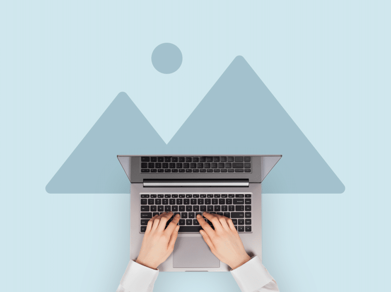 Top-down view of hands typing on a laptop keyboard, centered against a light blue background with simple abstract shapes.