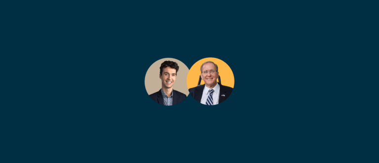 A circle-cropped headshot of Charles Catherine over a tan background beside a circular-cropped headshot of Jim Langevin over a yellow background.