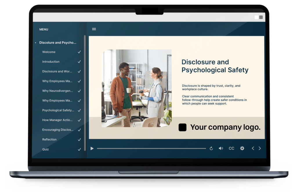 A laptop mockup displays an e-learning course module titled “Disclosure and Psychological Safety.” The interface includes a navigation menu with lesson sections, a slide featuring two coworkers in conversation, customizable company branding space, and video playback and accessibility controls along the bottom.