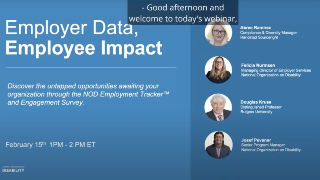 Blue event banner titled "Employer Data, Employee Impact" featuring four speakers with names and titles. Event date: February 15th, 1-2 PM ET.