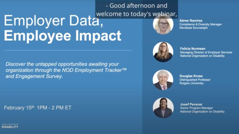 Blue event banner titled "Employer Data, Employee Impact" featuring four speakers with names and titles. Event date: February 15th, 1-2 PM ET.