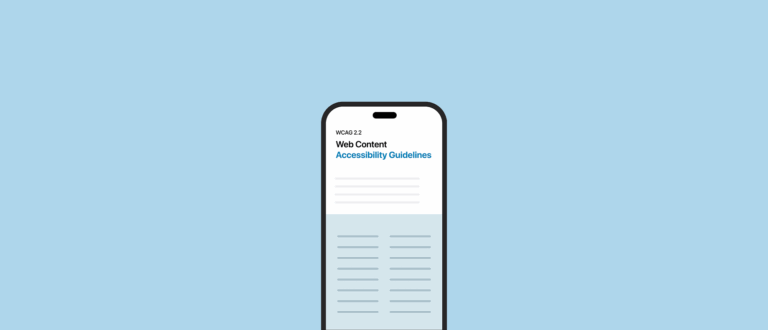 A smartphone screen displays the title “WCAG 2.2 Web Content Accessibility Guidelines” with placeholder lines of text beneath it. The phone is centered against a light blue background, symbolizing digital accessibility standards.