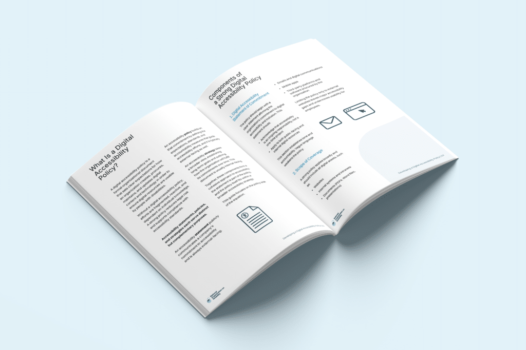 An open brochure document against a blue background