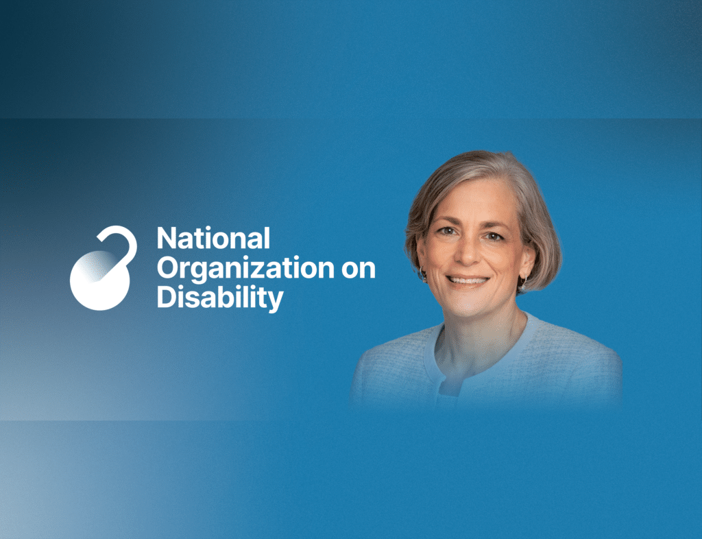 The NOD logo in white next to a headshot of Beth Sirull over a blue gradient background.