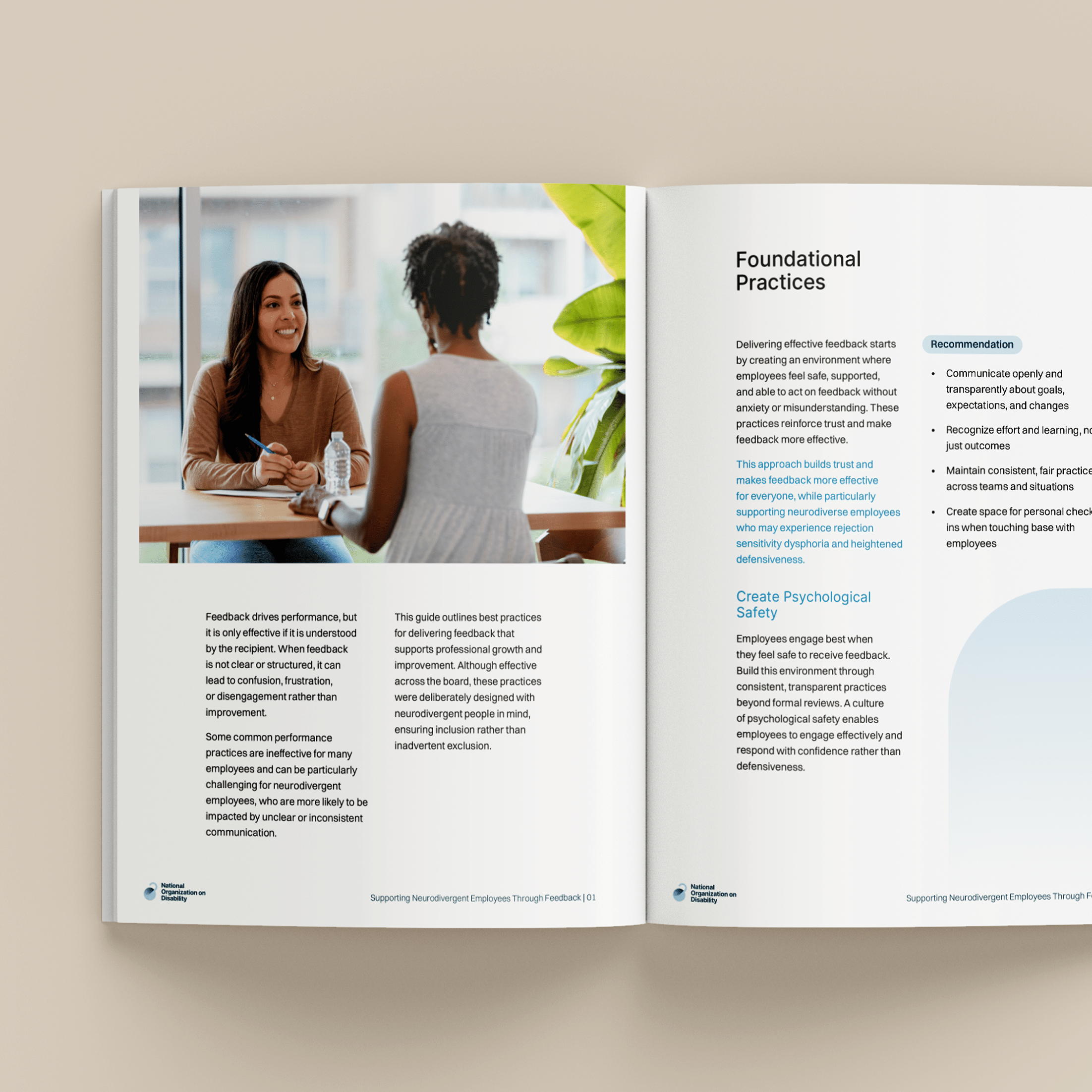 Open workplace resource guide featuring a photo of two colleagues in conversation and text about effective feedback and psychological safety.