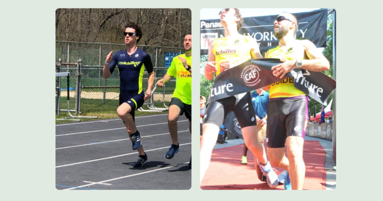 Two photos of Charles running with an aid side by side. In the first, he pulls the aid along. In the second, he is bursting through a finish line