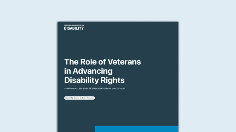 Dark blue background with white text reading 'The Role of Veterans in Advancing Disability Rights' and 'Improving Disability Inclusion in Veteran Employment.' A label below states 'Leadership Council-Exclusive Resource