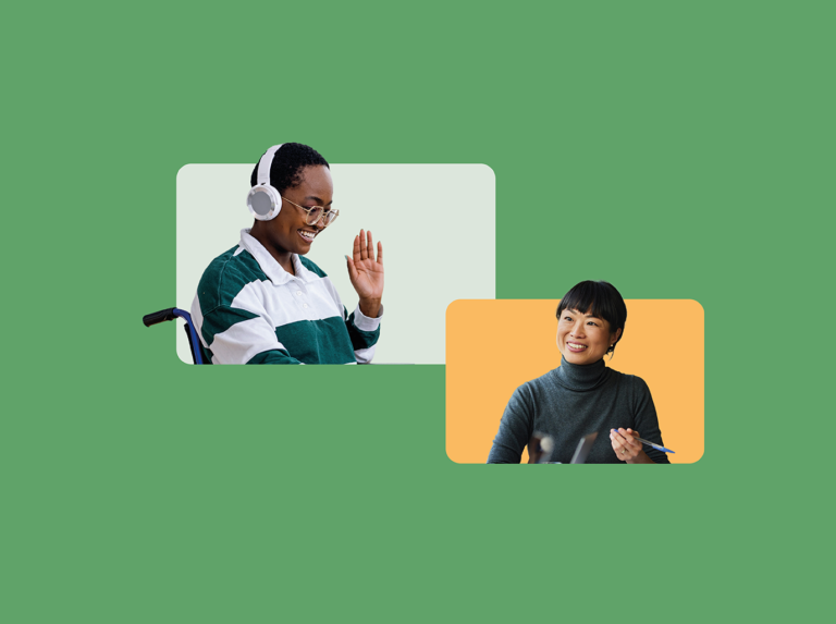 Two students in square blocks, mirroring computer screens waving at one another