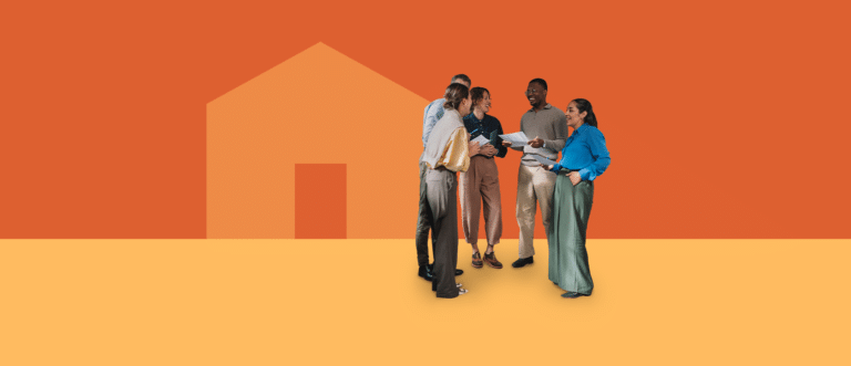 A diverse group of five adults standing together and talking, holding papers, in front of a stylized house shape on an orange and yellow background.