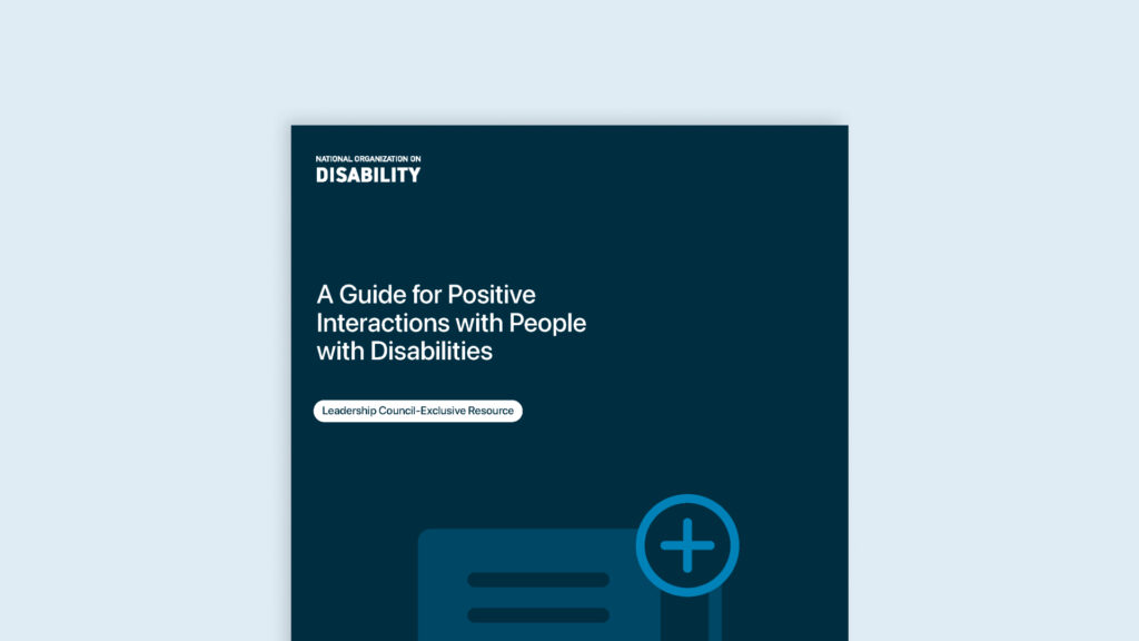 Dark blue cover with white text reads, "A Guide for Positive Interactions with People with Disabilities."