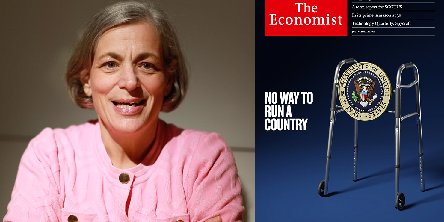 NOD CEO, Beth Sirull beside a screen grab of an Economist magazine cover. The cover depicts a walker with the seal of the President of the United States beside a headline that reads "No Way to Run a Country"