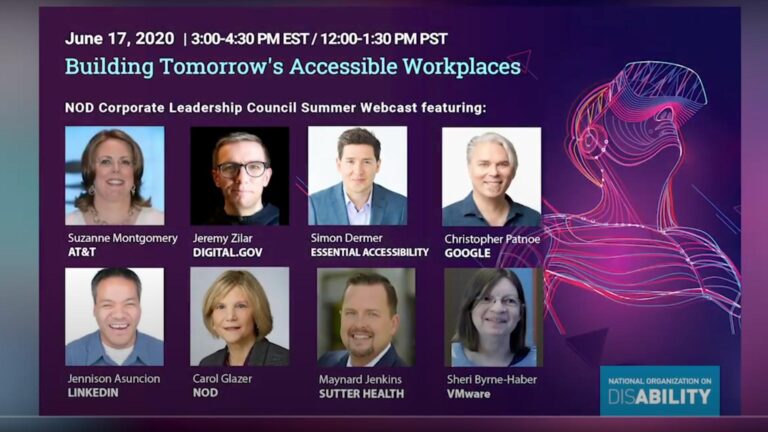 Webcast event poster for "Building Tomorrow's Accessible Workplaces" on June 17, 2020. Features photos of eight speakers with names and companies.