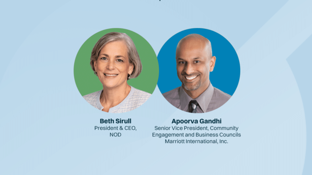 Photograph featuring two professional headshots side by side with colored circular backgrounds, one green and one orange. Each headshot is labeled with names and titles: Beth Sirull, President & CEO of NOD, and Apoorva N. Gandhi Senior Vice President, Community Engagement and Business Councils Marriott International, Inc.