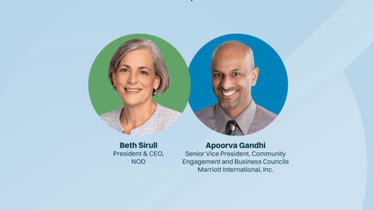 Photograph featuring two professional headshots side by side with colored circular backgrounds, one green and one orange. Each headshot is labeled with names and titles: Beth Sirull, President & CEO of NOD, and Apoorva N. Gandhi Senior Vice President, Community Engagement and Business Councils Marriott International, Inc.