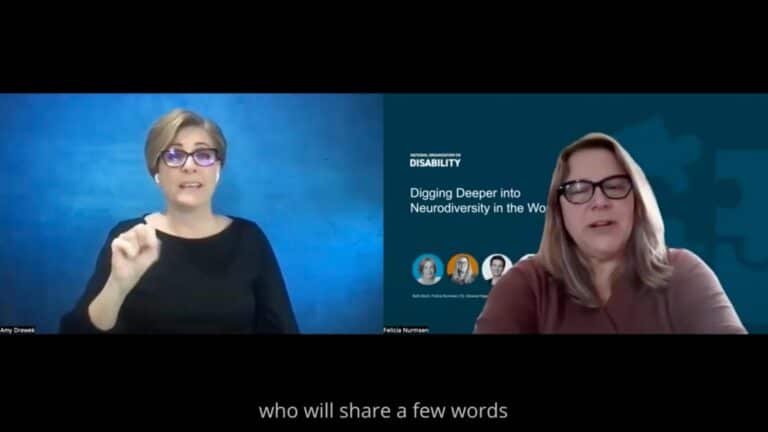 Split-screen video call. Left: Woman in glasses using sign language against a blue background. Right: Woman speaking with "Neurodiversity" webinar screen. Subtitles included.