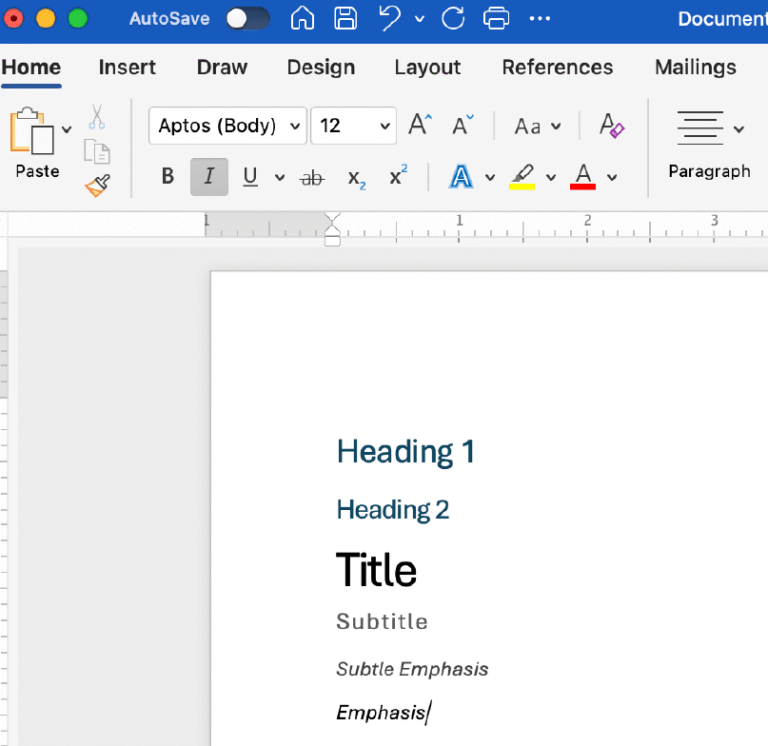 Screenshot of a Microsoft Word document showing heading structure ranging from Heading 1 to Emphasis