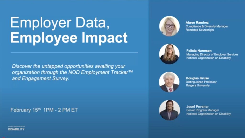Blue event banner titled "Employer Data, Employee Impact" featuring four speakers with names and titles. Event date: February 15th, 1-2 PM ET.