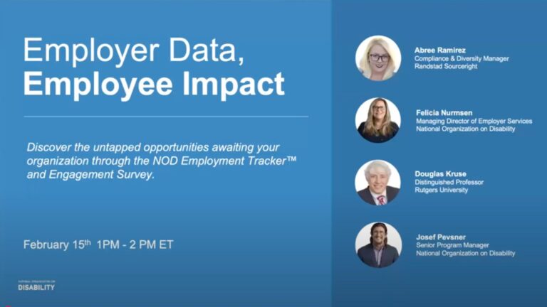 Blue event banner titled "Employer Data, Employee Impact" featuring four speakers with names and titles. Event date: February 15th, 1-2 PM ET.