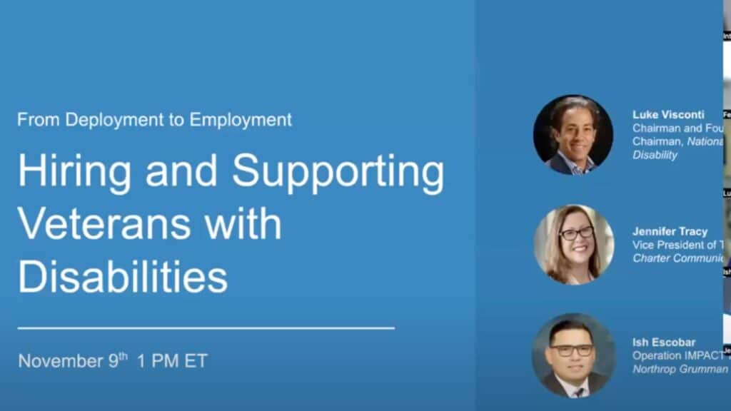 Webinar slide titled "Hiring and Supporting Veterans with Disabilities" on November 9th at 1 PM ET. Includes three presenter headshots on a blue background.