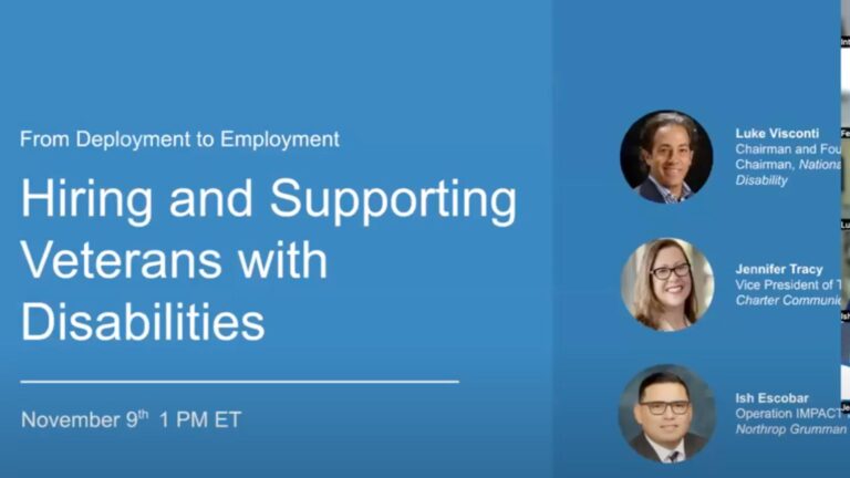 Webinar slide titled "Hiring and Supporting Veterans with Disabilities" on November 9th at 1 PM ET. Includes three presenter headshots on a blue background.