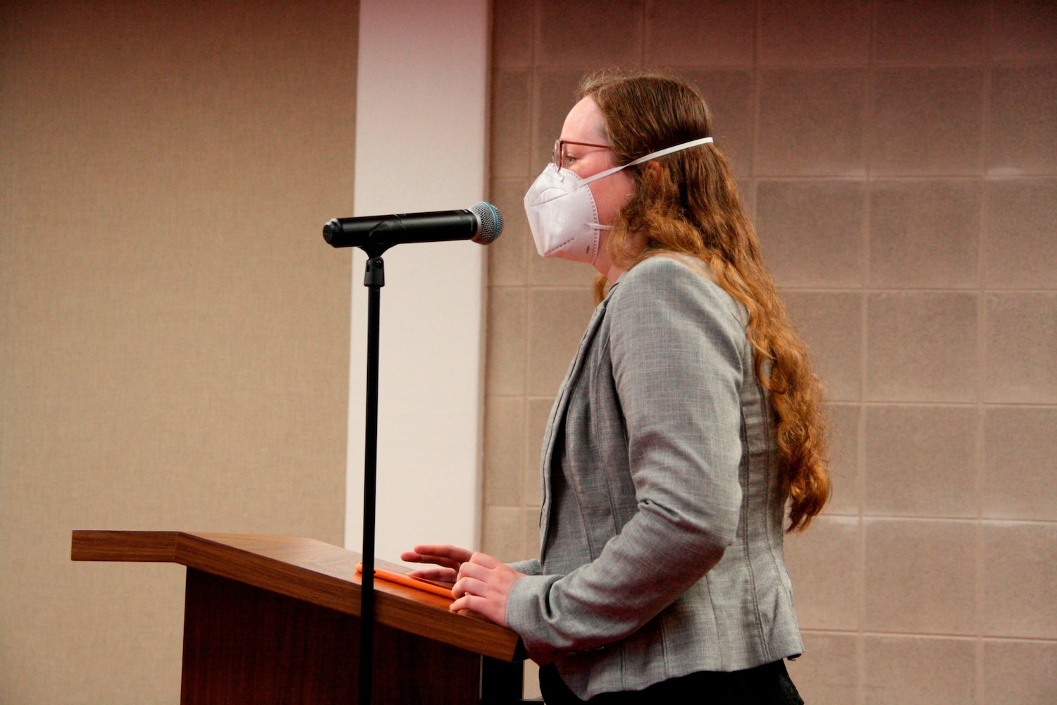 Simone Hetherington, a speaker during public comment, urges lawmakers not to pass the masking bill during the state Senate Rules Committee in the Legislative Building in Raleigh, N.C., May 15, 2024.