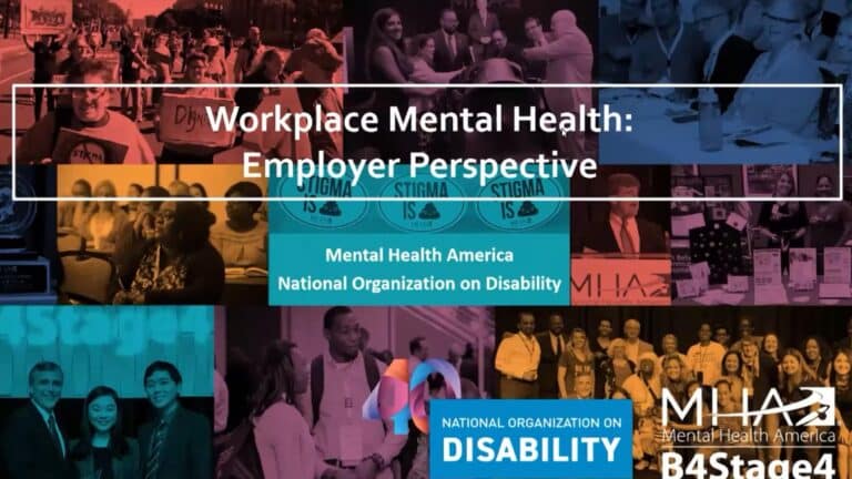 Collage with "Effective Business Practices in Workplace Mental Health" text overlay. Diverse groups engaged in activities, promoting inclusion. Dated July 27, 2022.