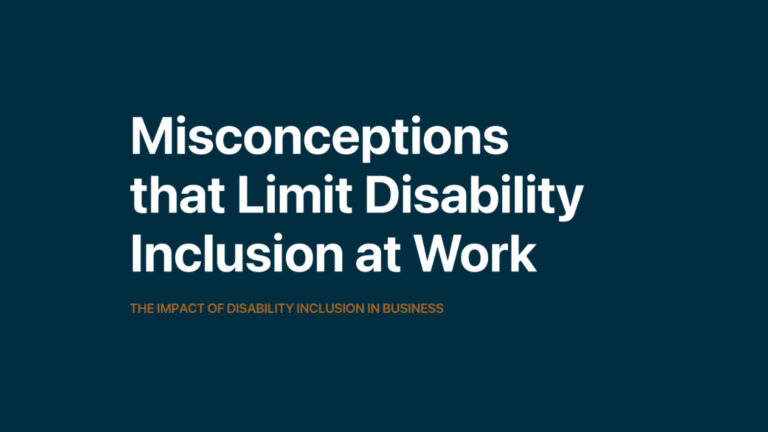 Bold white text on a dark blue background reads "Misconceptions that Limit Disability Inclusion at Work." Below in smaller orange text: "The Impact of Disability Inclusion in Business