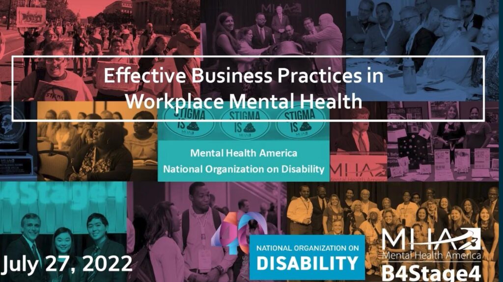 Collage with "Effective Business Practices in Workplace Mental Health" text overlay. Diverse groups engaged in activities, promoting inclusion. Dated July 27, 2022.