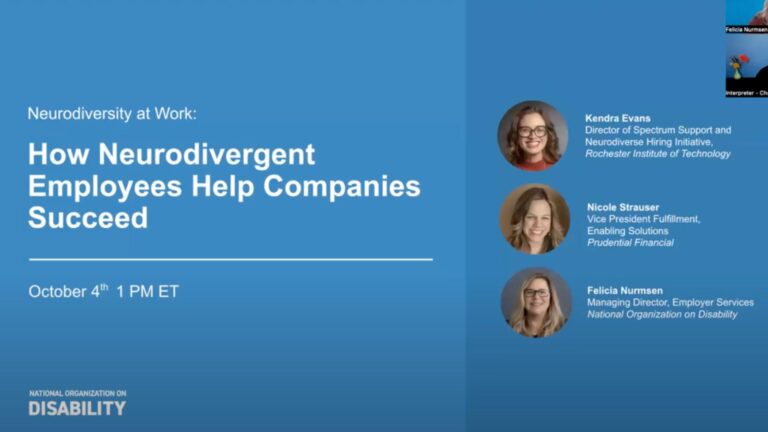 Blue background webinar slide titled "Neurodiversity at Work: How Neurodivergent Employees Help Companies Succeed." Features three speaker headshots: Kendra Evans, Nicole Strauser, and Felicia Nurmsen. Event on October 4th, 1 PM ET. National Organization on Disability logo at bottom.
